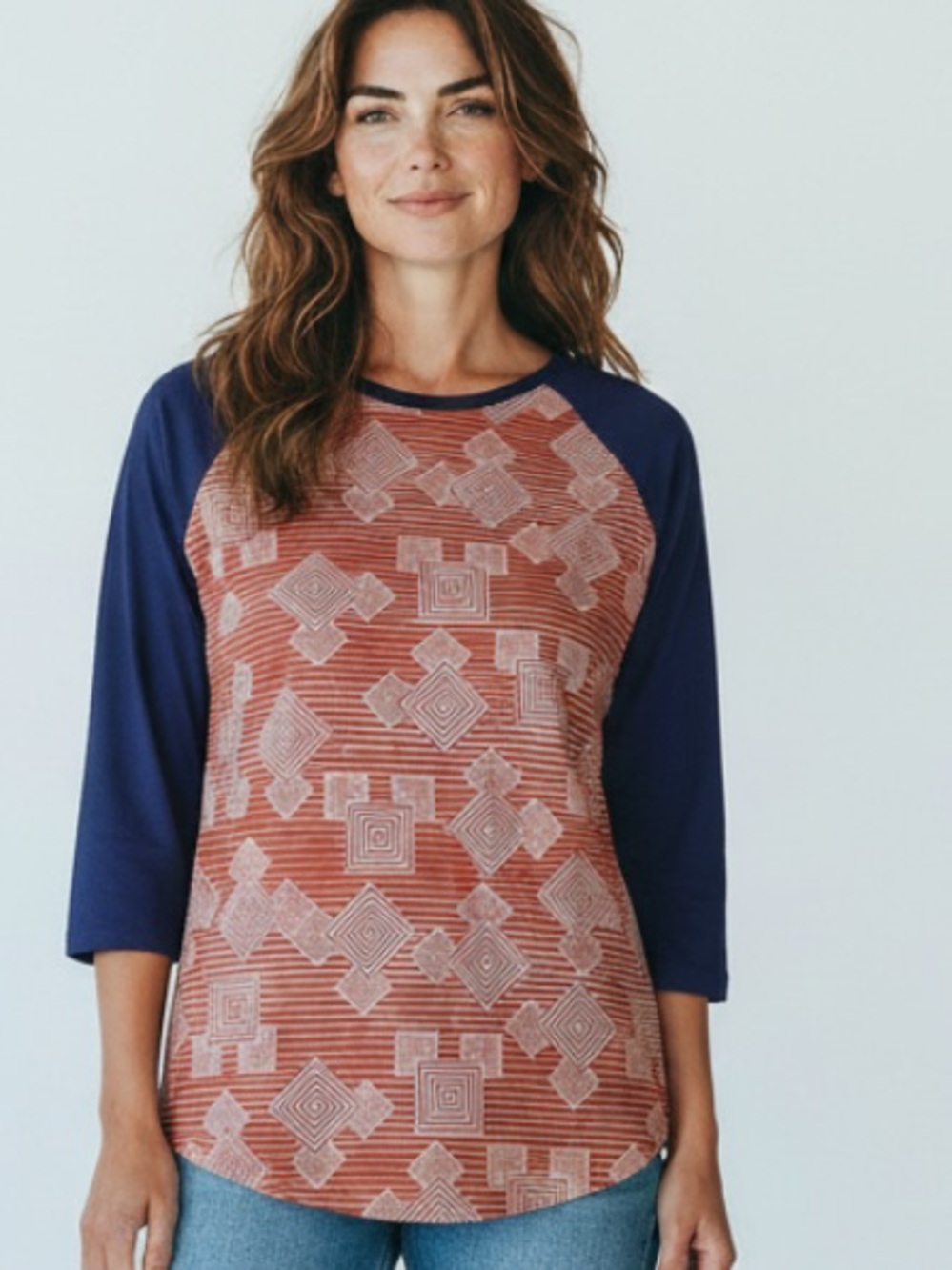 Women’s Disney Mickey Mouse LuLaRoe Randy Navy & Rust Geometric Raglan Tee NWT